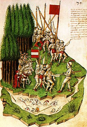 Archivo:Bendicht Tschachtlan, Die Schlacht am Morgarten (c. 1470)