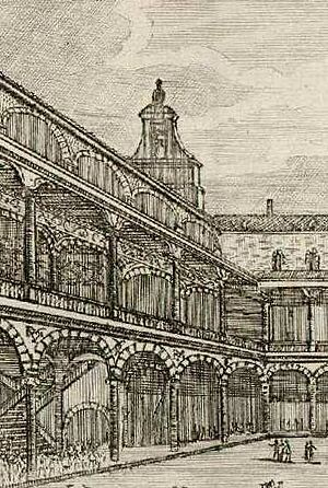 Archivo:Espadaña y escalera desde el patrio de la reina, detail from Theatrum hispaniae exhibens regni urbes villas ac viridaria magis illustria... Material gráfico 15 (cropped)