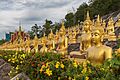 Multiple rows of golden statues of the Buddha seated with flowers, at Wat Phou Salao, Pakse, Laos