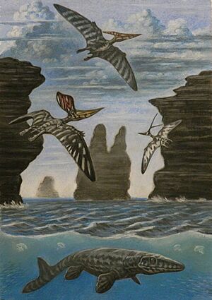 Archivo:Pteranodontians and mosasaur