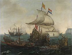 Archivo:Hollandse schepen overzeilen Spaanse galeien onder de Engelse kust, 3 oktober 1602 Rijksmuseum SK-A-460