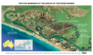 Archivo:Map -- location of barrages at the mouth of the River Murray