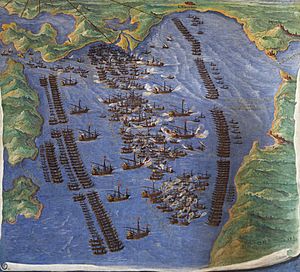 Archivo:Fernando Bertelli, Die Seeschlacht von Lepanto, Venedig 1572, Museo Storico Navale (550x500)