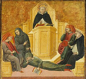 Archivo:Giovanni di Paolo St. Thomas Aquinas Confounding Averroës