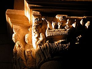 Archivo:Monasterio de San Juan de Ortega (Burgos) Capitel románico s. XII del ciclo de la Natividad