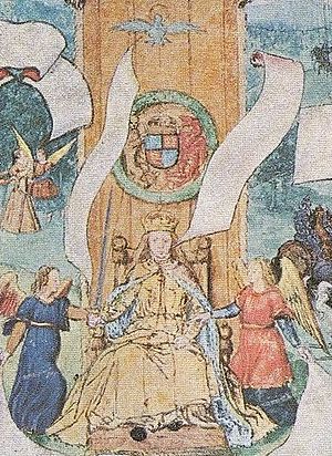 Archivo:Queen Mary I enthroned and flanked by angels