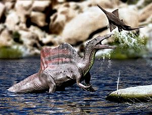 Archivo:Spinosaurus life restoration with Onchopristis
