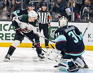 Archivo:Arizona Coyotes at Seattle Kraken - 2023-04-06 - Miloš Kelemen and Philipp Grubauer (52799391147)