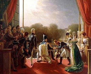 Archivo:Louis XVIII and the royal family assisting at the return of the troops of the Spanish expedition from the balcony of the Tuileries, 1824