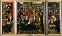 Archivo:Pieter Coecke van Aelst - The Annunciation, Adoration of the Magi, Adoration of the Shepherds and Angels