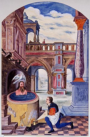 Archivo:A Christ-like figure seated in a boiling vat while a man wor Wellcome V0025634