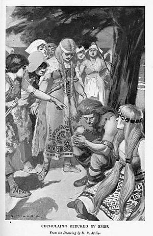 Cú Chulainn y Emer, H.R.Millar, Celtic Myth and Legend, Charles Squire (1905)