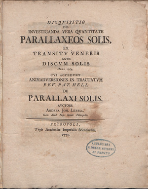 Archivo:Lexell - Disquisitio de investiganda vera quantitate parallaxeos solis ex transitus veneris ante discum solis anno 1769, 1772 - 726057 F