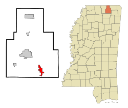 Tippah County Mississippi Incorporated and Unincorporated areas Dumas Highlighted.svg