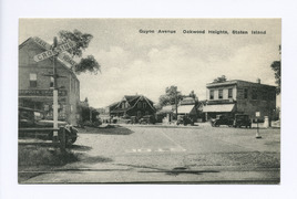 Guyon Avenue, Oakwood Heights, Staten Island (shops and old cars parked along street and at railroad crossing) (NYPL b15279351-105084)f