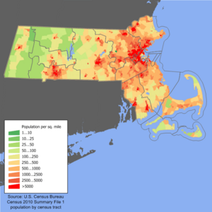 Mapa de densidad poblacional en Massachusetts.