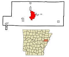 St. Francis County Arkansas Incorporated and Unincorporated areas Forrest City Highlighted.svg