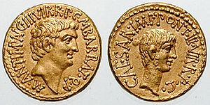 Archivo:Antony with Octavian aureus