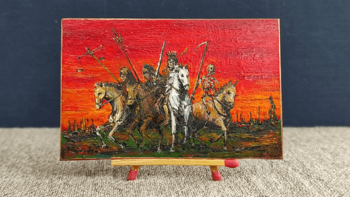 Archivo:MAL124 Czterej jeźdźcy Apokalipsy 50 x 77 mm. Artysta malarz Paweł Brodzisz olej - alkid na miedzi 2025. Eksponat Muzeum Miniaturowej Sztuki Profesjonalnej Henryk Jan Dominiak w Tychach