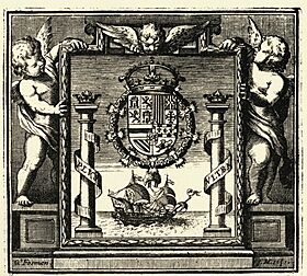 Símbolo alegórico de los Reynos de Indias, Tierra Firme e Islas de la Mar Océana (1681) Portada Leyes de Indias - AHG.jpg