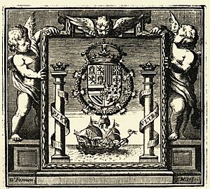 Archivo:Símbolo alegórico de los Reynos de Indias, Tierra Firme e Islas de la Mar Océana (1681) Portada Leyes de Indias - AHG