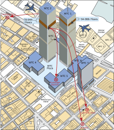 Archivo:World Trade Center, NY - 2001-09-11 - Debris Impact Areas