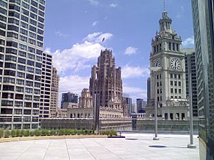 Archivo:20080615 Wrigley Building clock and Tribune Tower from Sixteen
