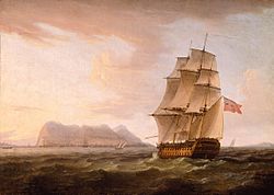Archivo:A British Man of War before the Rock of Gibraltar by Thomas Whitcombe