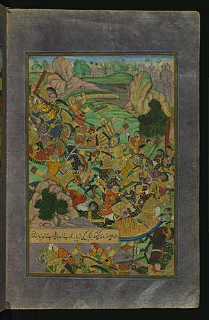 Archivo:Babur confronts his enemies in the mountains of Kharābūk and Pashāmūn