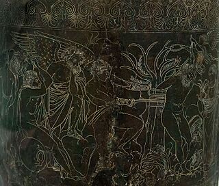 Closeup of engraving depicting Pollux tying the defeated Amykos to a tree on the Ficoroni Cista Bronze 340-330 BCE made by Novios Plautios from Palestrina National Etruscan Museum of Villa Giulia.jpg