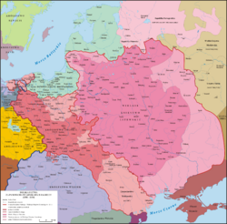Archivo:Map of the Grand Duchy of Lithuania (pink) and the Crown of the Kingdom of Poland (red) in 1386 - 1434