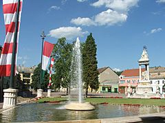 Esztergom-Széchenyi square fountain, flags