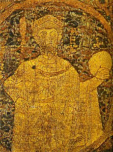 Archivo:Portrayal of Stephen I, King of Hungary on the coronation pall