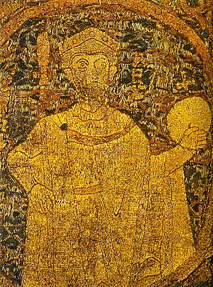 Archivo:Portrayal of Stephen I, King of Hungary on the coronation pall