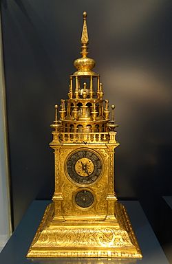 Archivo:Table clock, German school, 17th century, golt bronze and brass - Museo Nacional de Artes Decorativas - Madrid, Spain - DSC08031