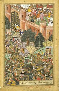 Archivo:The Defeat of Baz Bahadur of Malwa by the Mughal Troops, 1561, Akbarnama