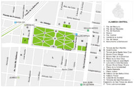Plano de la Alameda Central y áreas circundantes.