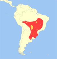 alt=Distribución del ciervo de los pantanos  ( Rojo: Extinto, Amarillo: Presente )