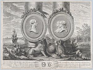 Archivo:Two bust portraits of Carlos III at left and Carlos IV and Maria Louisa at right in roundels fixed to the columns of Hercules set within a landscape MET DP876093