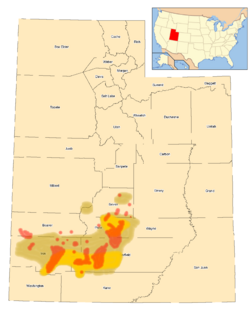 Hábitat del perrito de la pradera de Utah en 1920 (marrón), 1970 (naranja) y 1991 (rojo).