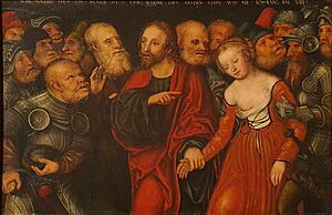 Archivo:'Jesus and the Woman taken in Adultery' (ca 1549) by Lucas Cranach the Younger - Museo Soumaya - Mexico 2024
