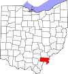 Mapa de Ohio con la ubicación del condado de Meigs