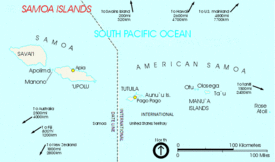 Archipiélago de Samoa dividido políticamente en dos, el Estado Independiente de Samoa a la izquierda y el territorio estadounidense de Samoa Americana a la derecha.