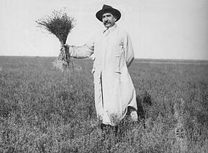 Archivo:José Camilo Crotto mostrando un manojo de plantas de lino