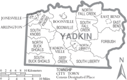 Archivo:Map of Yadkin County North Carolina With Municipal and Township Labels