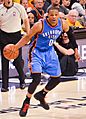 Russell Westbrook dribbling vs Cavs (cropped)