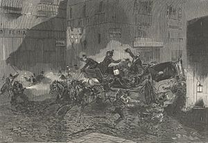 Archivo:1872-07-27, Le Monde Illustré, Attentat contre le roi et la reine d'Espagne dans la nuit du 18 juillet, à Madrid (cropped)