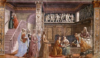 Archivo:Birth of St Mary in Santa Maria Novella in Firenze by Domenico Ghirlandaio