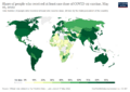 World map of share of people who received at least one dose of COVID-19 vaccine by country