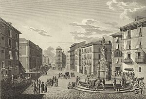Archivo:1806-1820, Voyage pittoresque et historique de l'Espagne, tomo II, Vista de la Calle Mayor y de la fuente del Buen Suceso (cropped)
